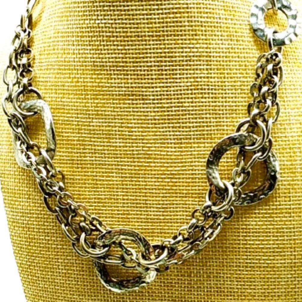 Triple Cable Link Silver-tone Necklace with Hammered Graduating Open Circles